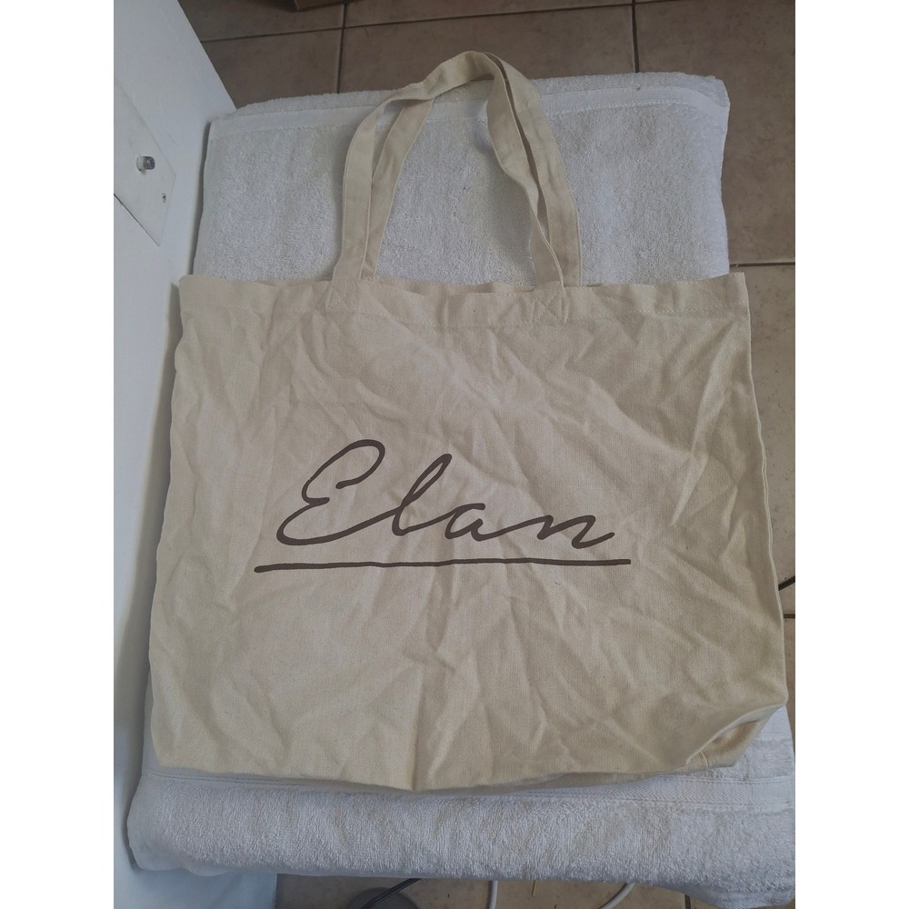 Elan Canvas Tote Bag Cream Cotton Script Logo Reusable Shopping Shoulder Bag